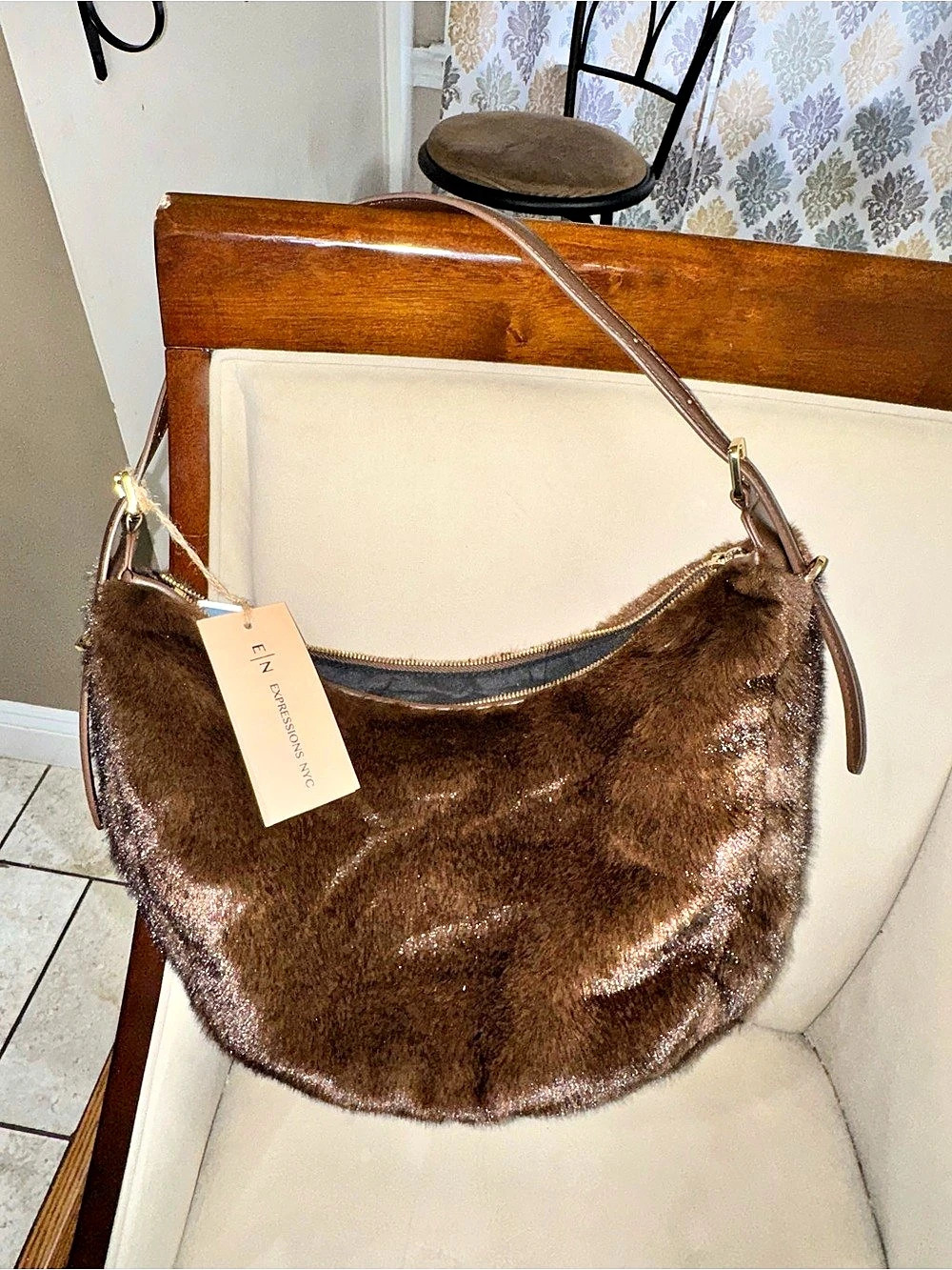 Expressions NYC Brown Faux Fur Shoulder Bag
